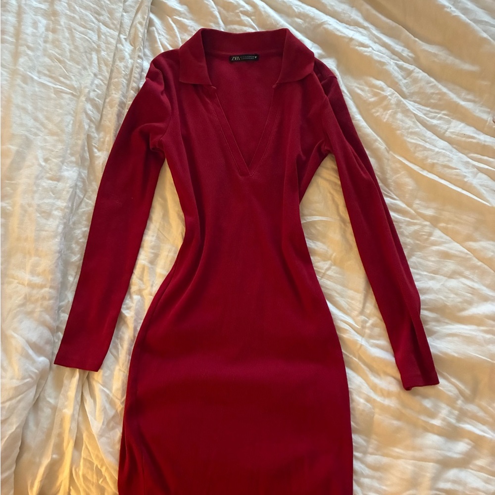 Zara Red collared Long Sleeve Dress